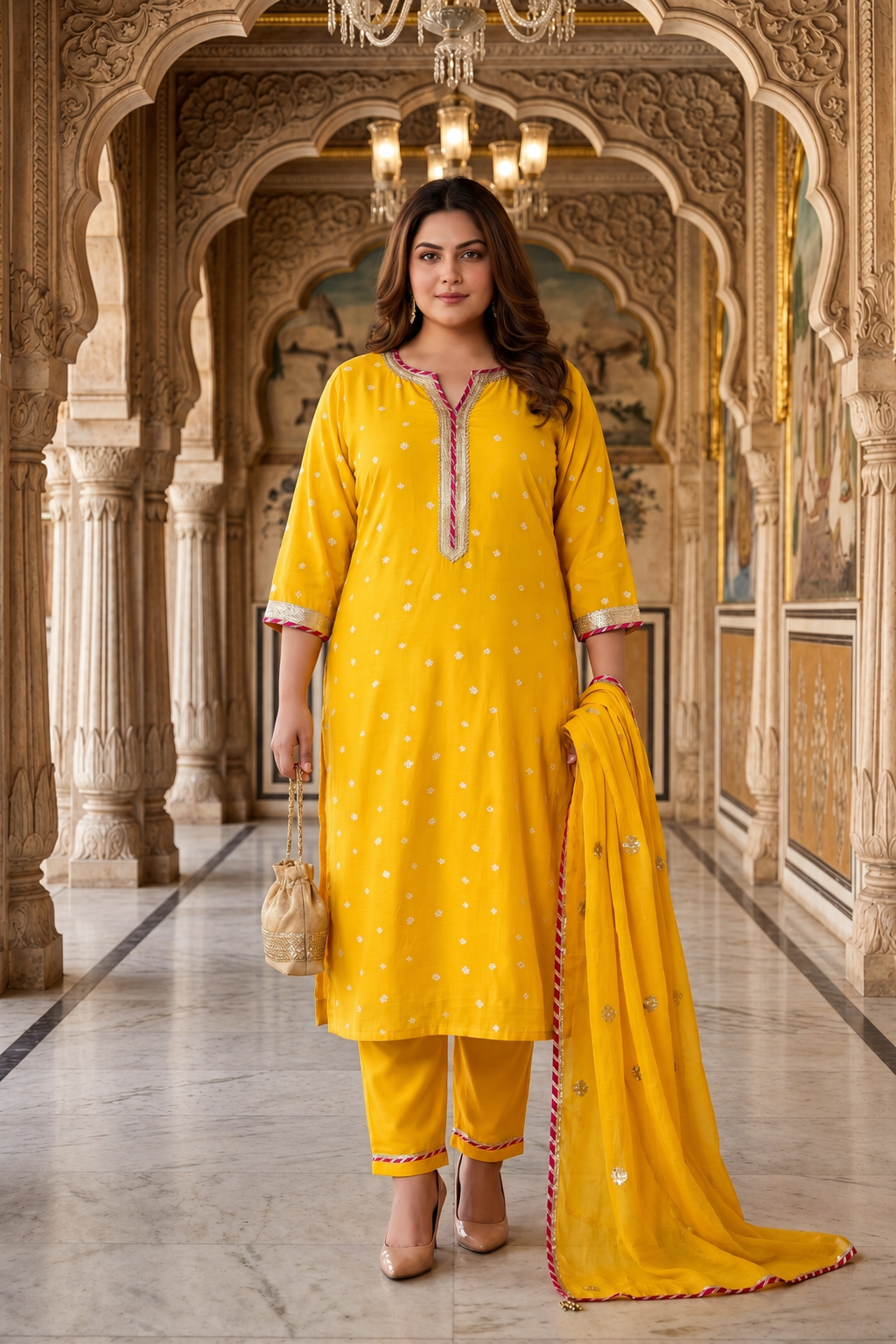 Sunshine Yellow Cotton Kurta Set with Chiffon Dupatta