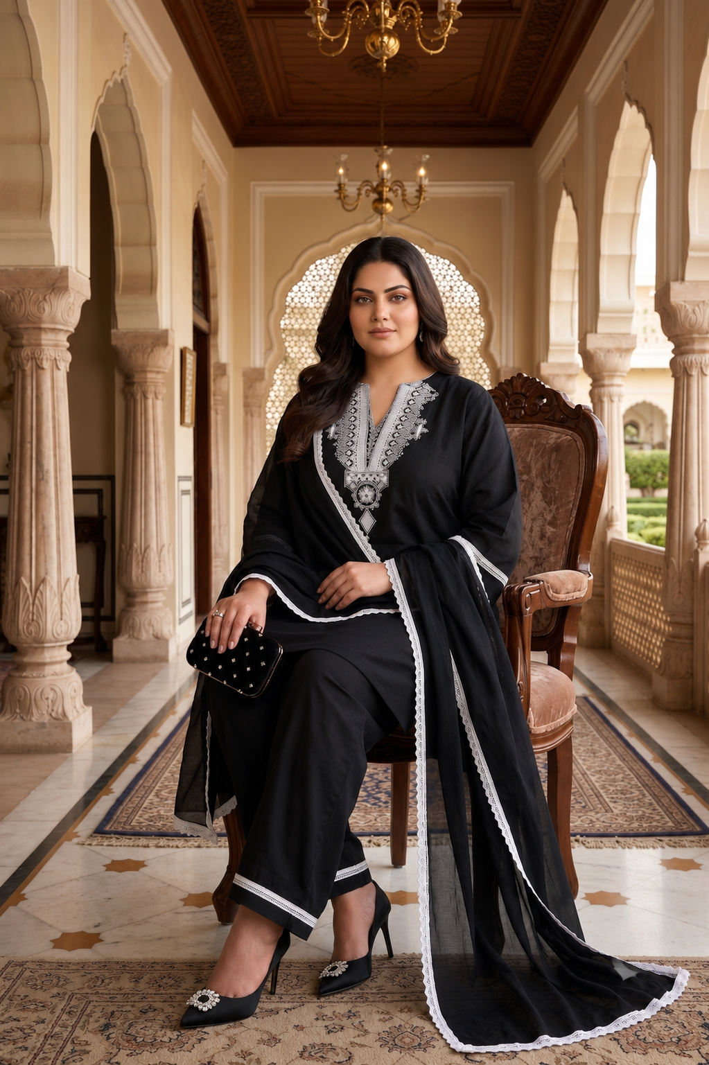 Midnight Black Rayon Co-Ord Set with Chiffon Dupatta