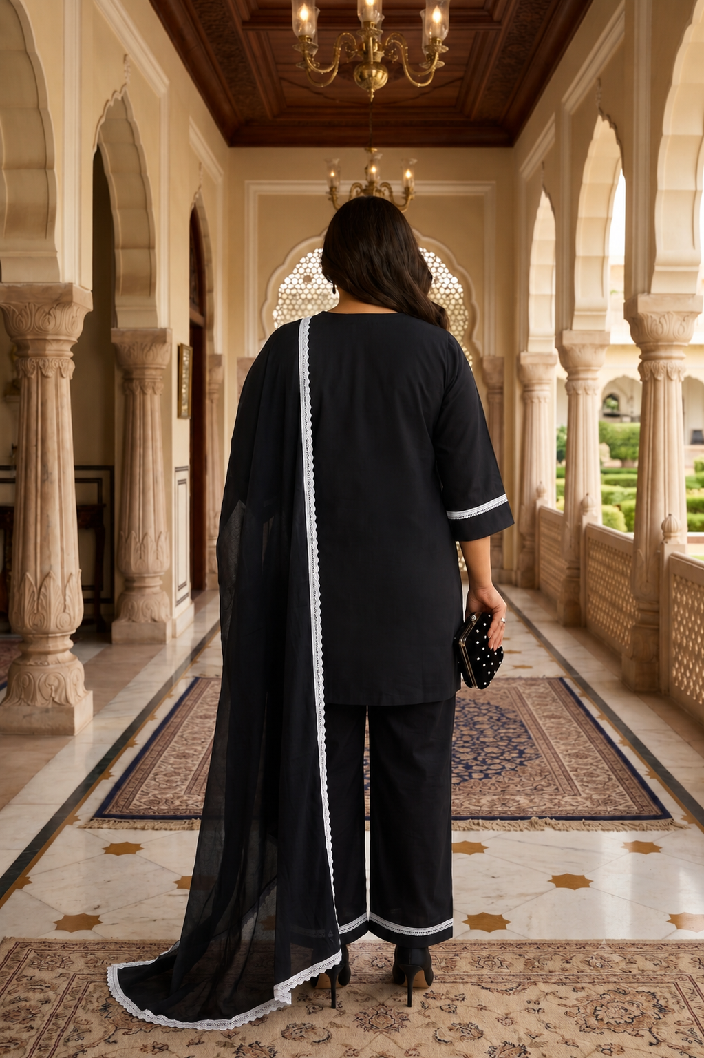 Midnight Black Rayon Co-Ord Set with Chiffon Dupatta
