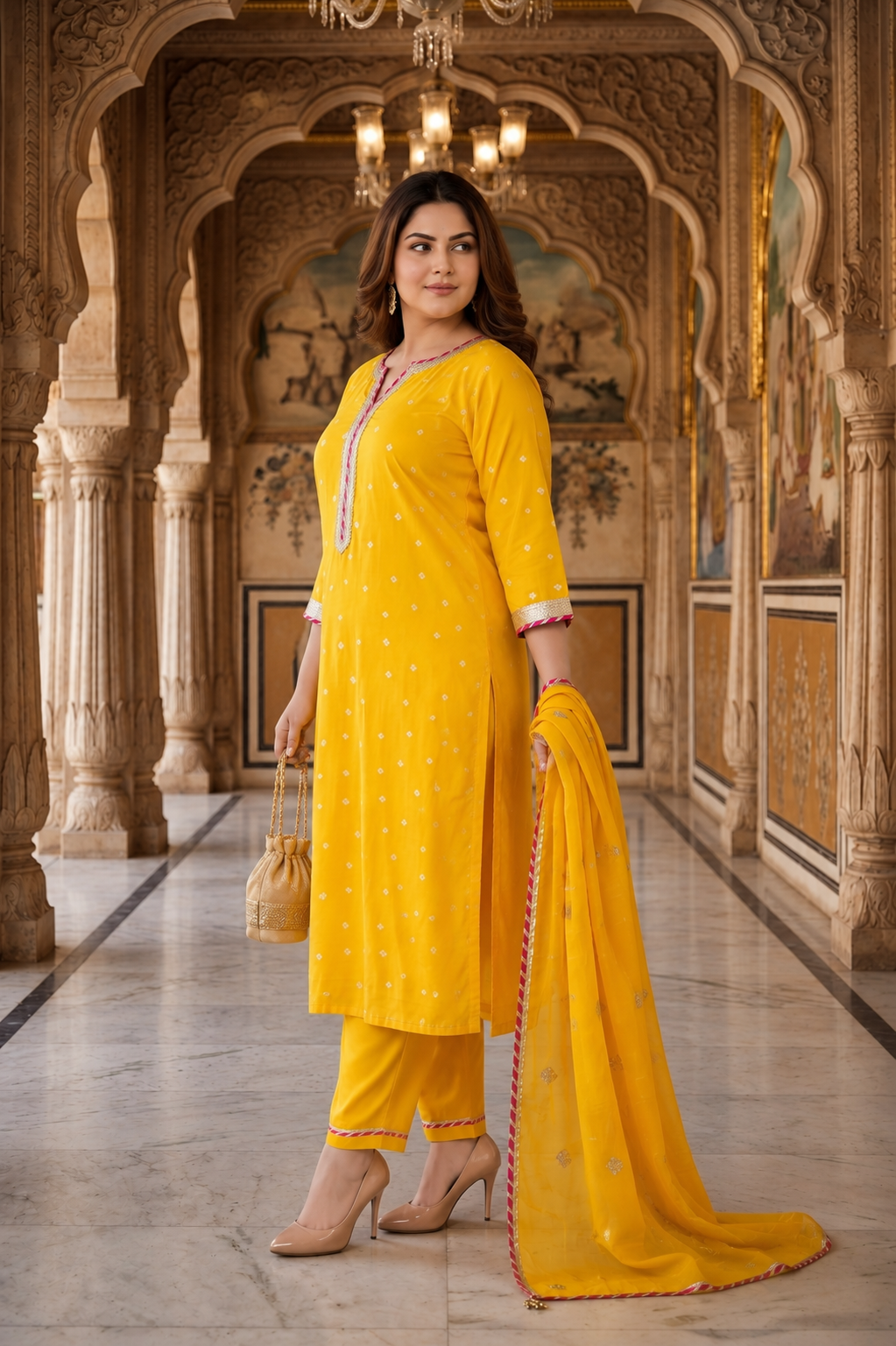 Sunshine Yellow Cotton Kurta Set with Chiffon Dupatta