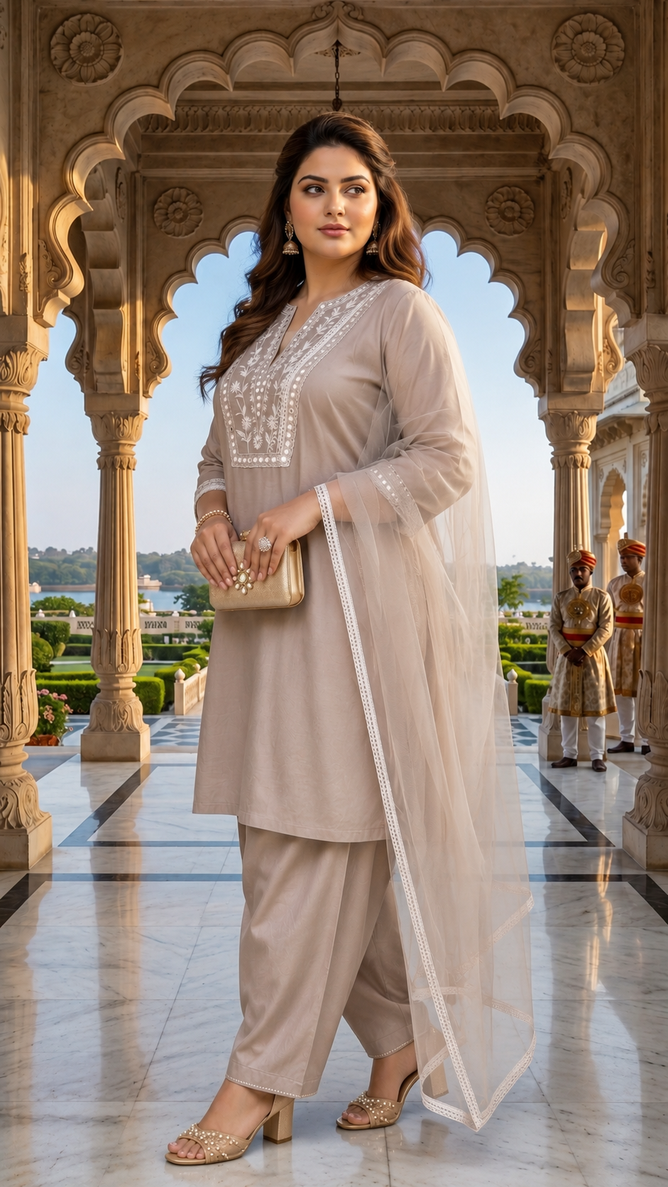 Plus Size Women’s Grey Mirror Work Silk Kurta Set with Dupatta – Premium Festive Wear