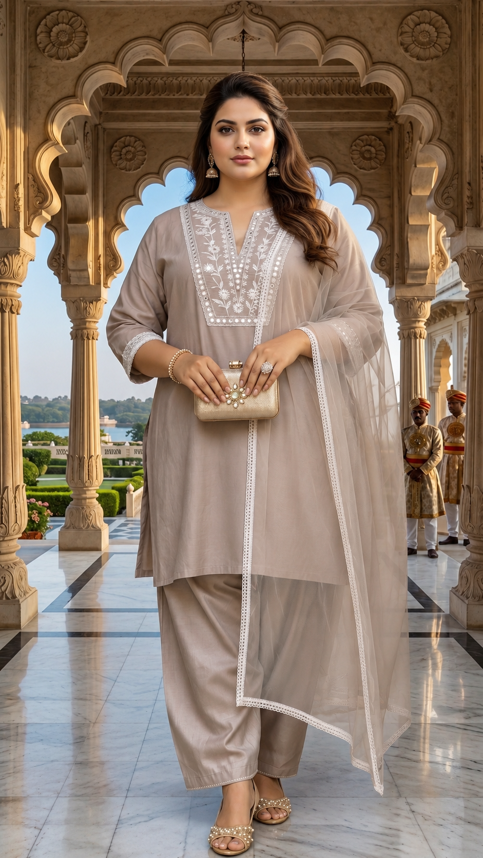 Plus Size Women’s Grey Mirror Work Silk Kurta Set with Dupatta – Premium Festive Wear
