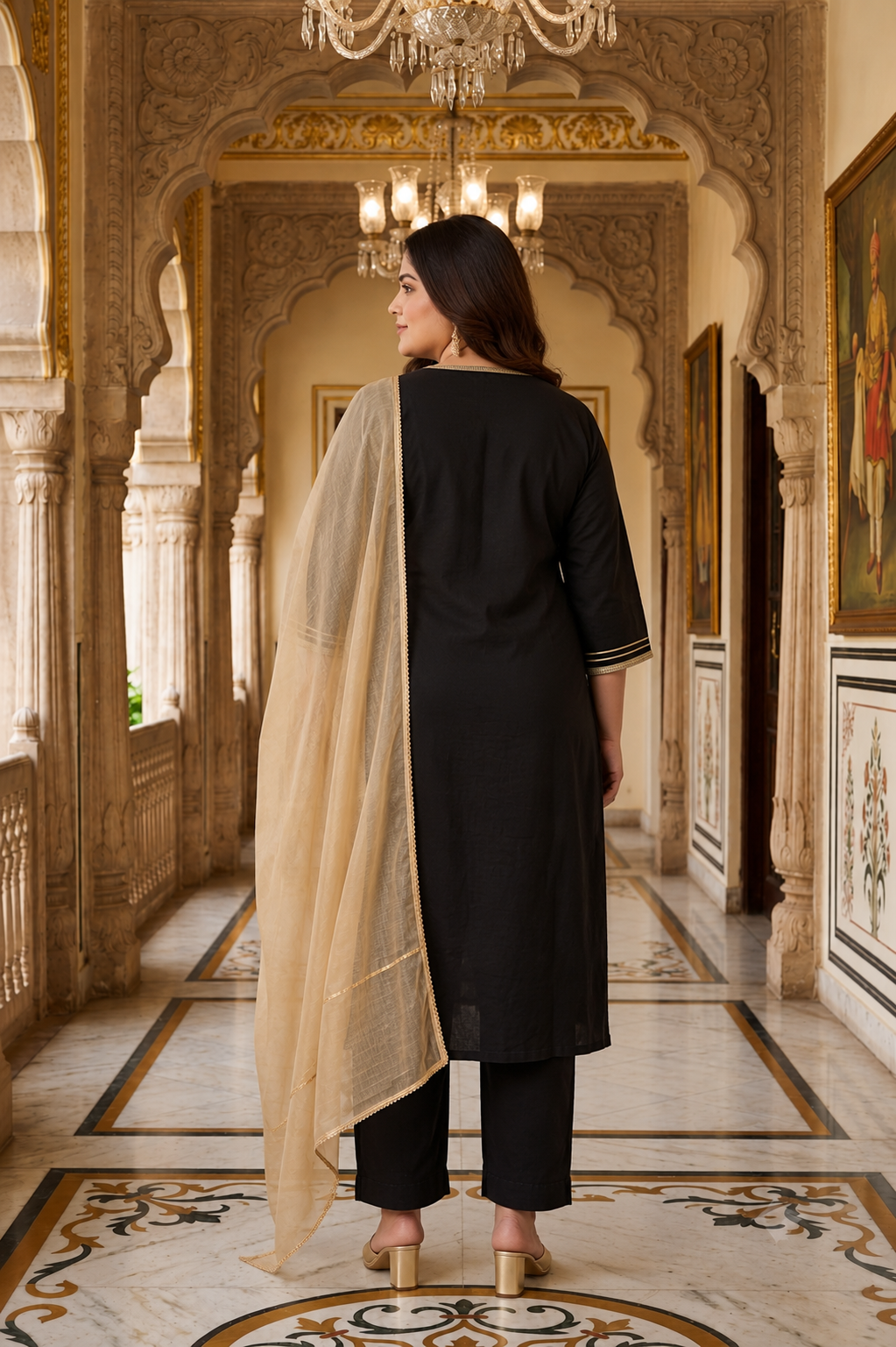 Black Cambric Kurta Pant Set with Chiffon Dupatta( Set of 3)