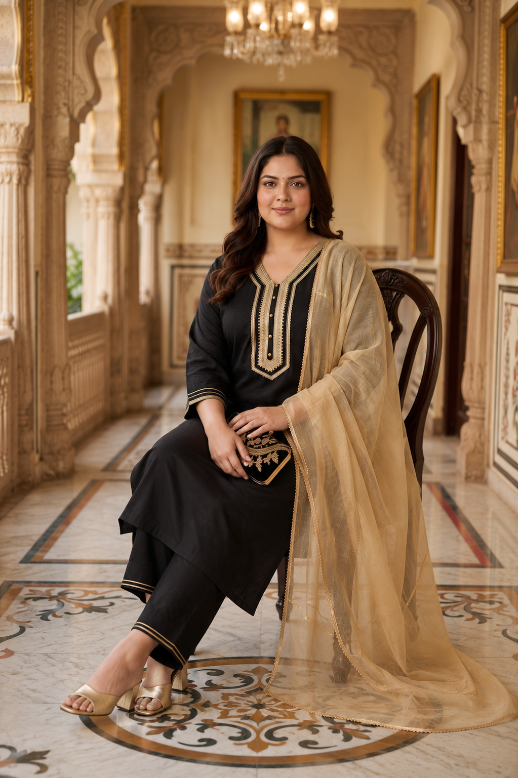 Black Cambric Kurta Pant Set with Chiffon Dupatta( Set of 3)