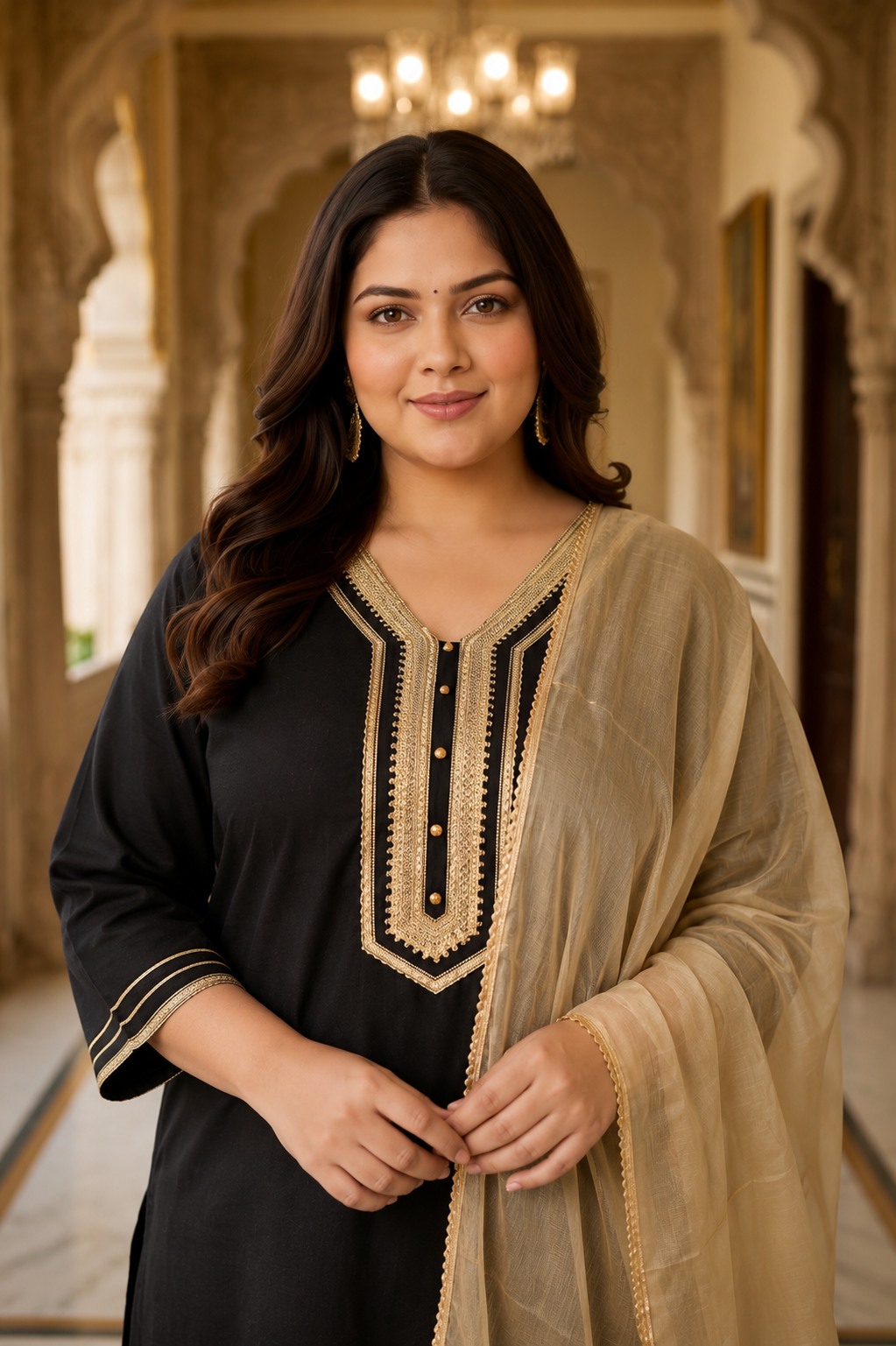 Black Cambric Kurta Pant Set with Chiffon Dupatta( Set of 3)