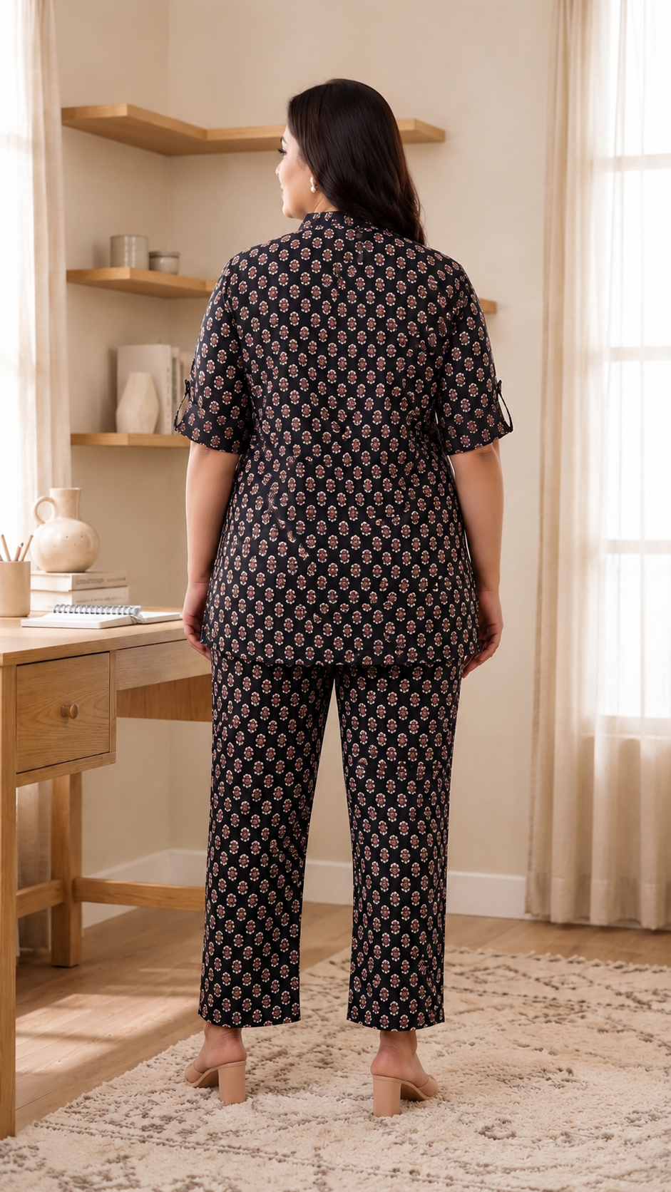 Plus Size Black Booti Print Cotton Co-Ord Set for Women