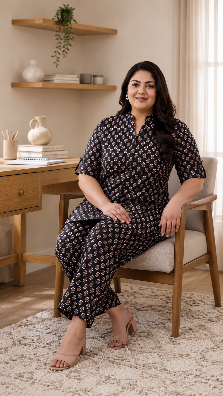 Plus Size Black Booti Print Cotton Co-Ord Set for Women
