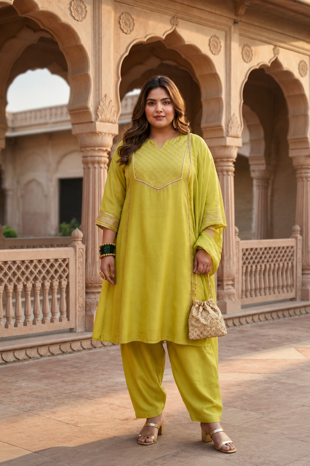 Mustard Green Muslin Kurta Suit Set With Farsi Salwar (Set of 3)