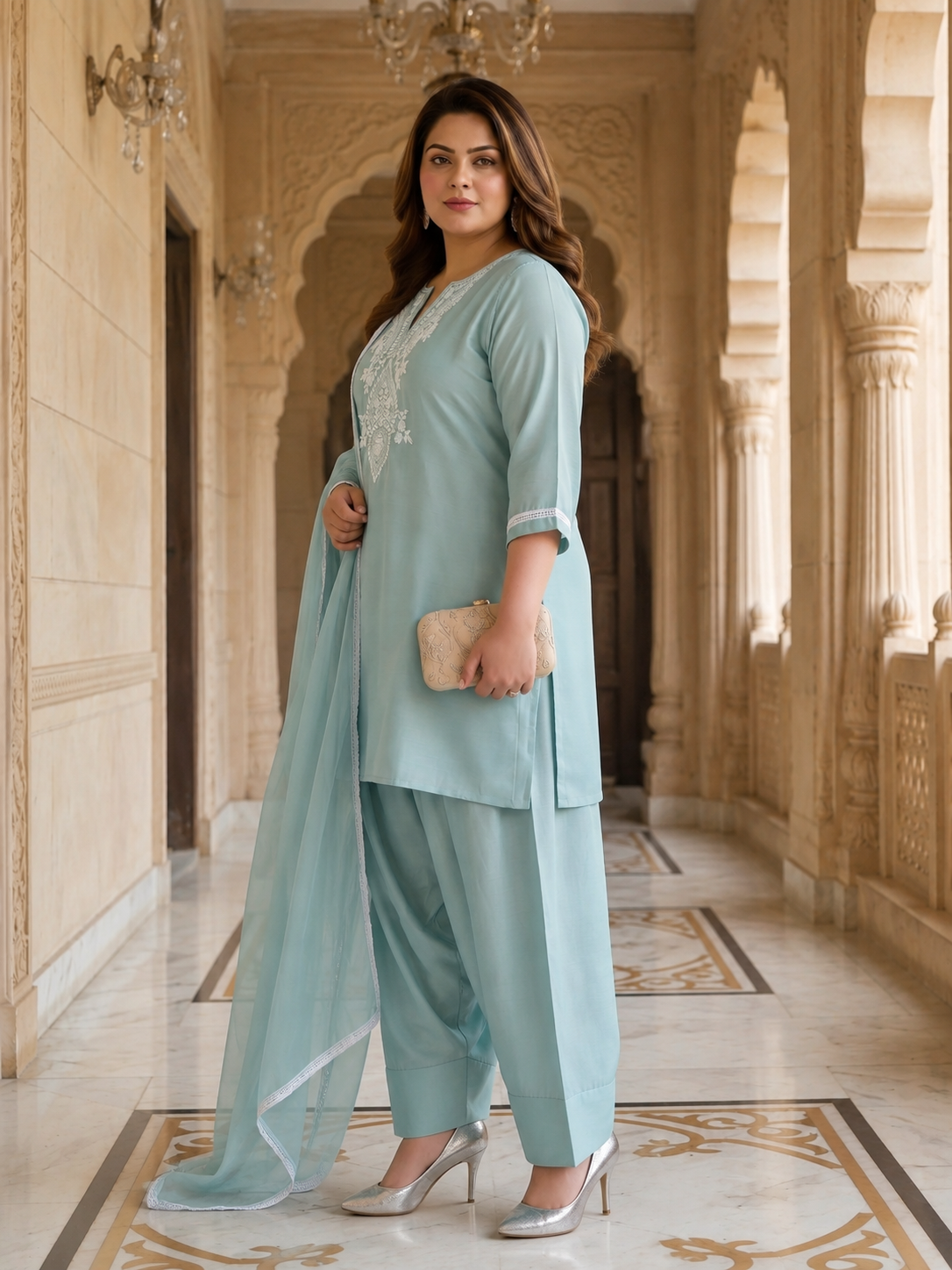 Sky Blue Roman Silk Kurta Set with Farshi Salwar (Set of 3)