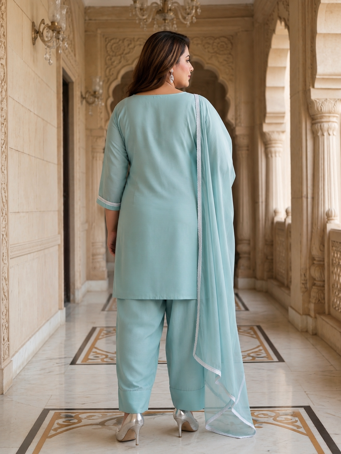 Sky Blue Roman Silk Kurta Set with Farshi Salwar (Set of 3)