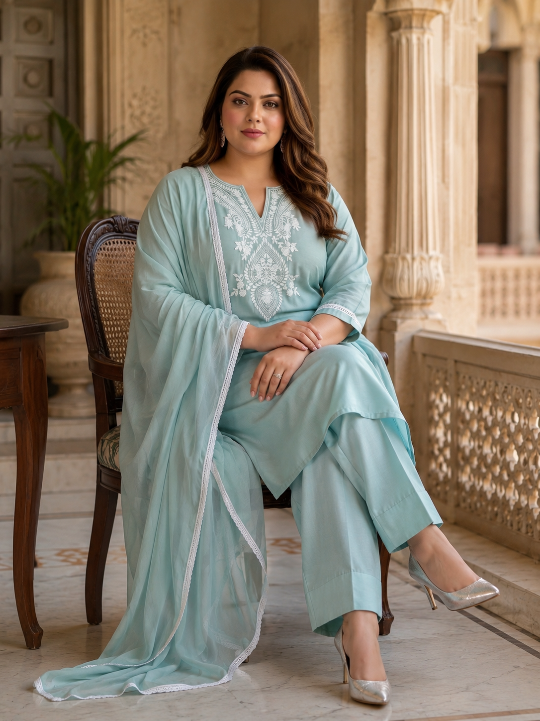Powder Blue Roman Silk Kurta Set with Farshi Salwar
