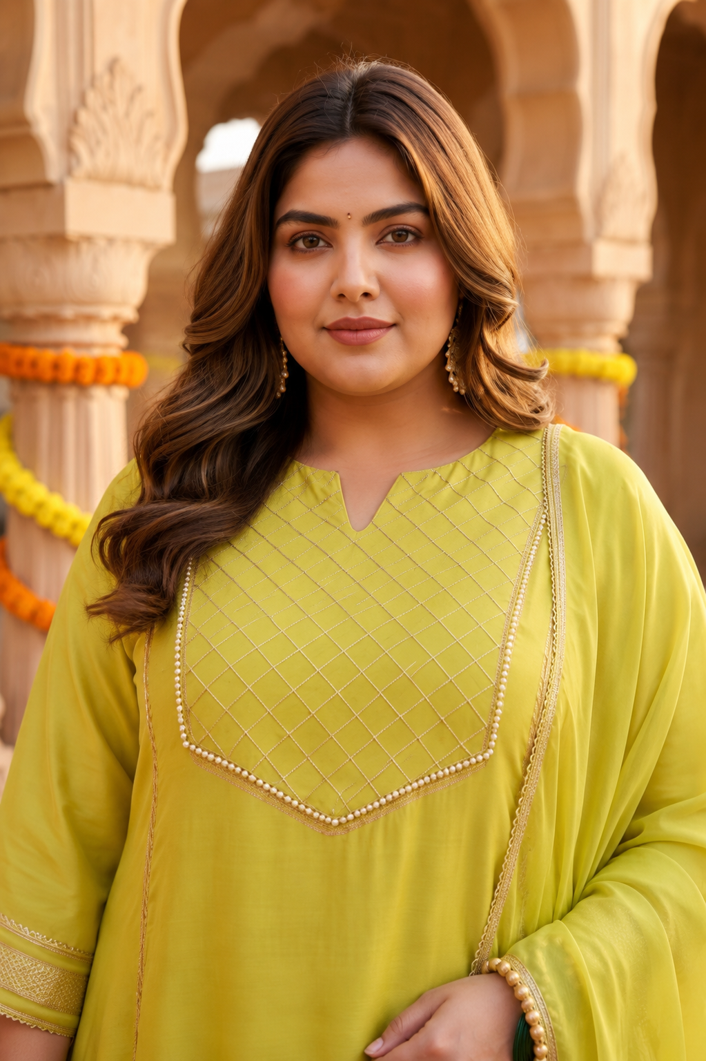 Mustard Green Muslin Kurta Suit Set With Farsi Salwar (Set of 3)