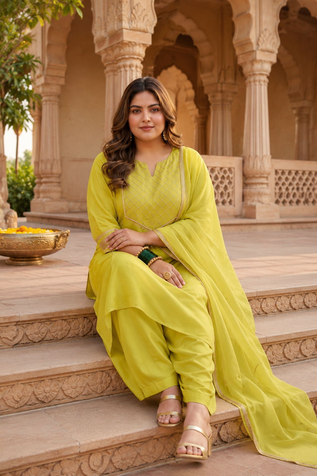 Mustard Green Muslin Kurta Suit Set With Farsi Salwar (Set of 3)