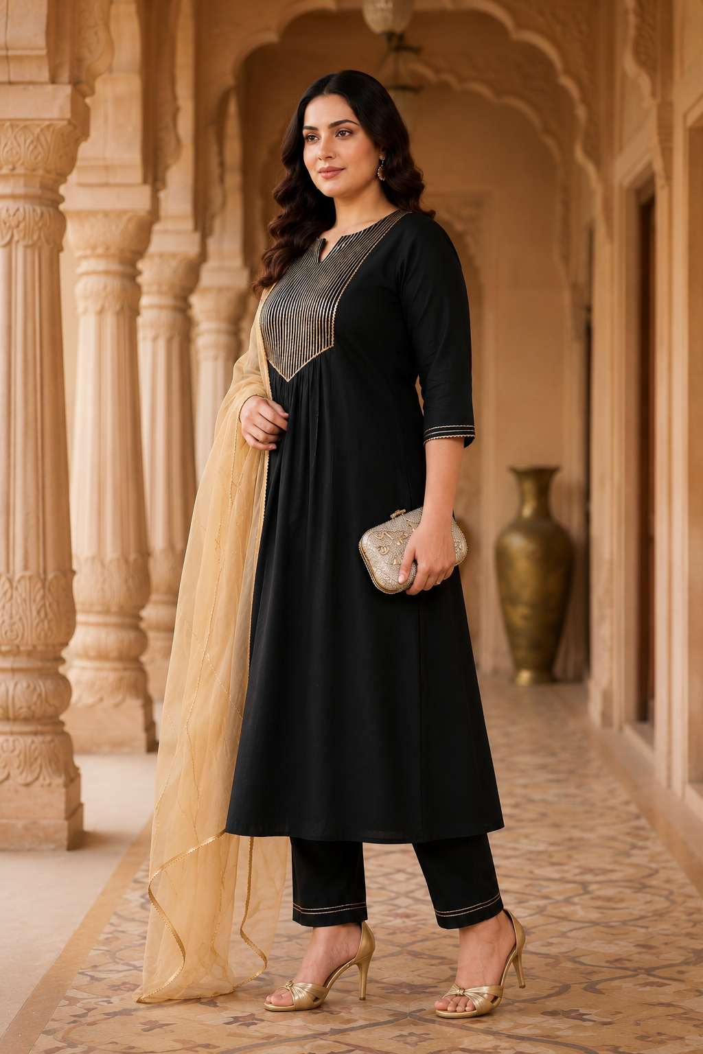 Black Gold Cambric Kurta Pant Set with Chiffon Dupatta (Set of 3)