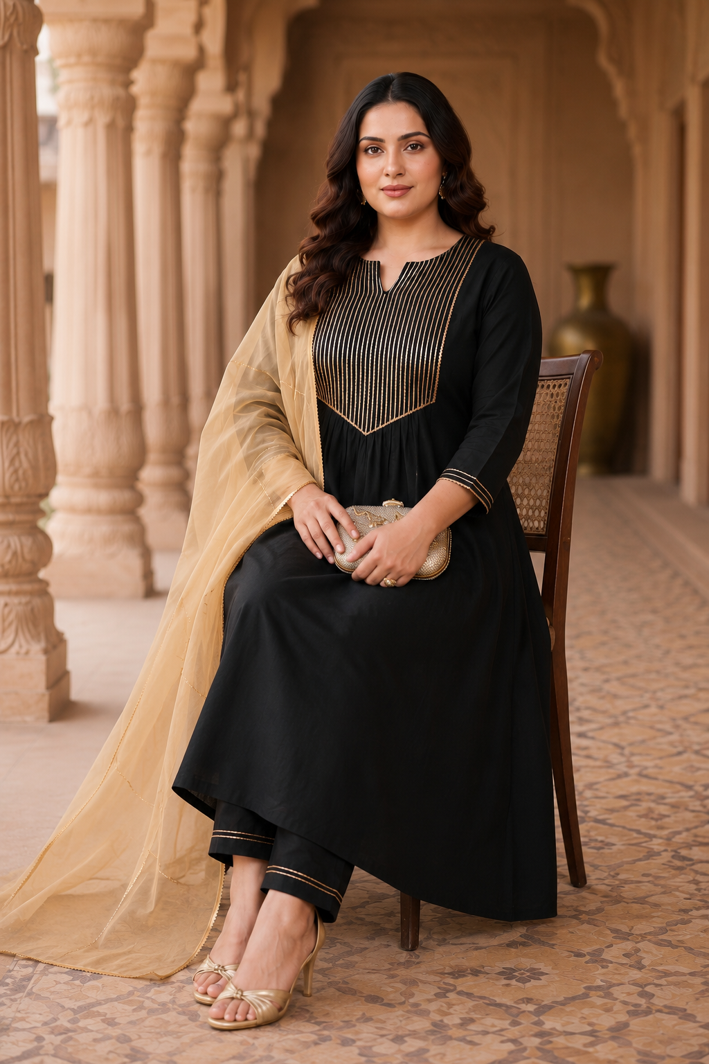 Black Gold Cambric Kurta Pant Set with Chiffon Dupatta (Set of 3)