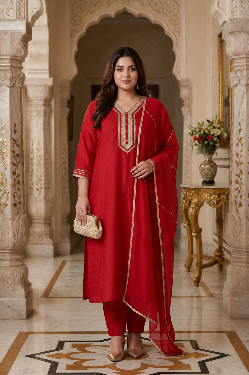 Crimson Red Cambric Cotton Kurta Pant Set with Dupatta(Set of 3)