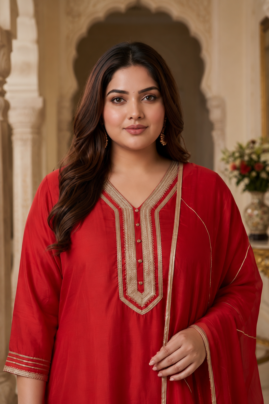Crimson Red Cambric Cotton Kurta Pant Set with Dupatta(Set of 3)