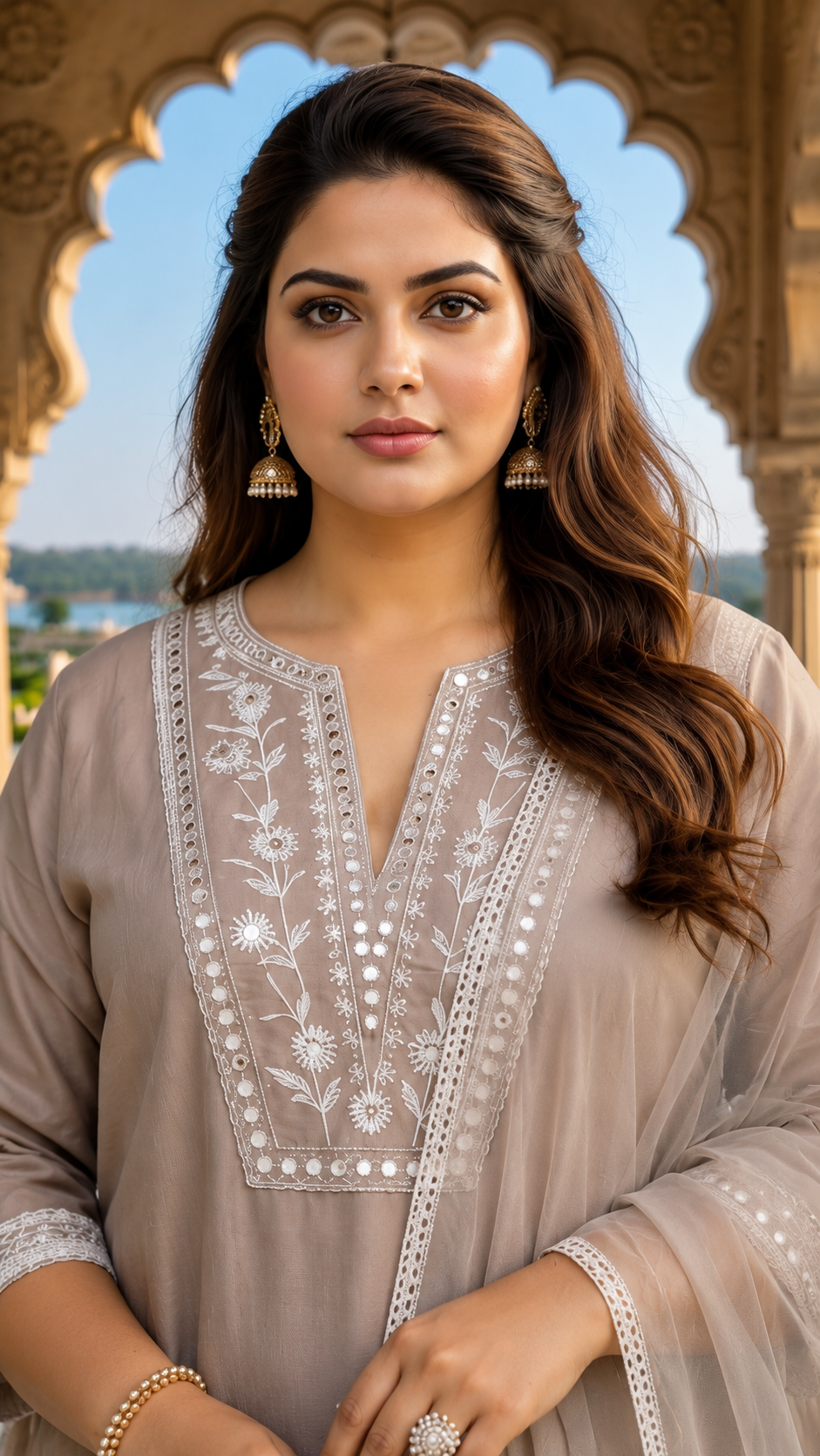 Plus Size Women’s Grey Mirror Work Silk Kurta Set with Dupatta – Premium Festive Wear