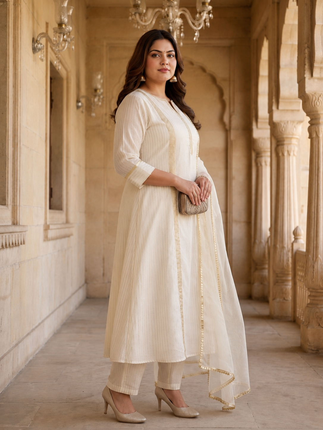 Ivory Cotton Lurex Kurta Pant Set with Dupatta (Set of 3)