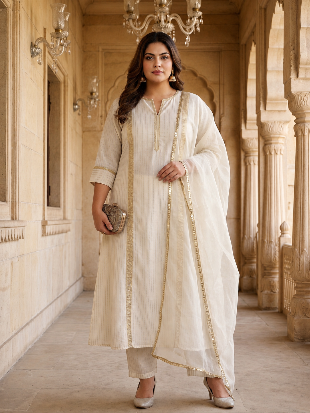Ivory Cotton Lurex Kurta Pant Set with Dupatta (Set of 3)
