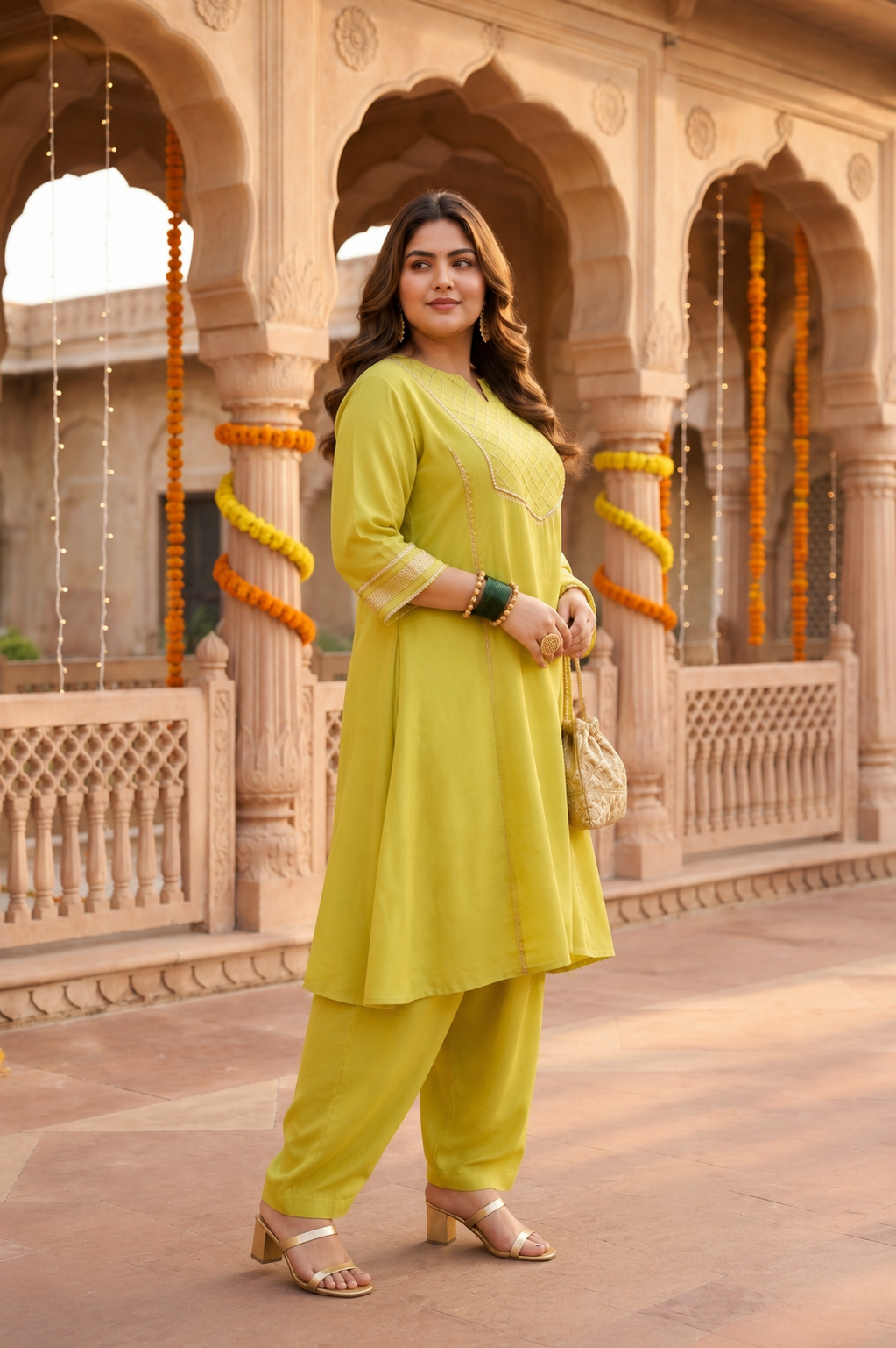 Mustard Green Muslin Kurta Suit Set With Farsi Salwar (Set of 3)
