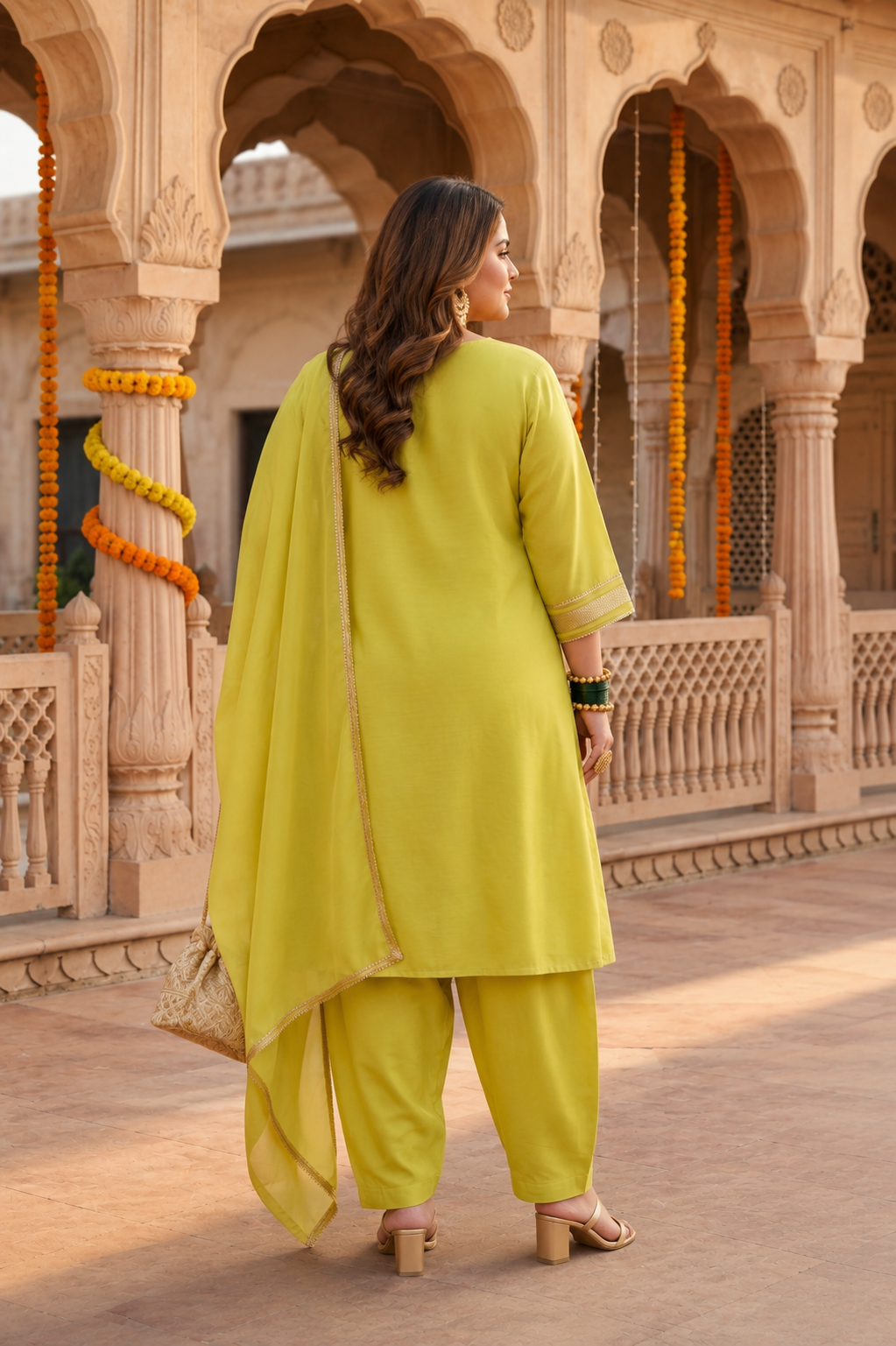 Mustard Green Muslin Kurta Suit Set With Farsi Salwar (Set of 3)