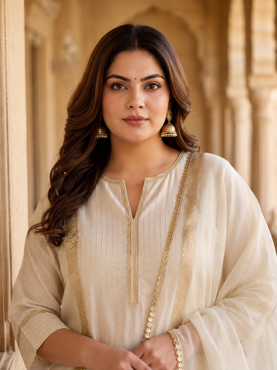 Ivory Cotton Lurex Kurta Pant Set with Dupatta (Set of 3)
