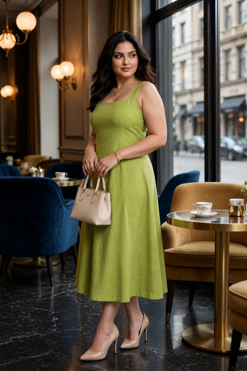 Fit & Flare Lime Green Cotton Midi Dress