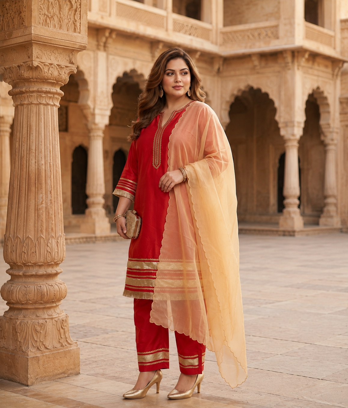Crimson Red Taffeta Kurta Set with Gota Patti