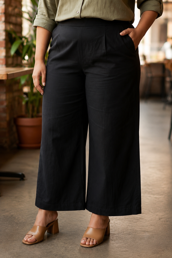 BLACK LINEN MID-RISE RELAXED FIT PANTS