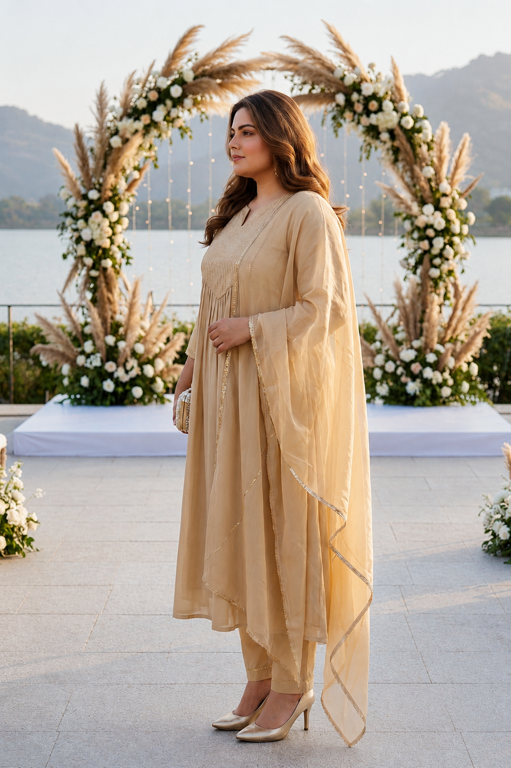 Golden Beige Cotton Cambric Kurta Pant Set with Chiffon Dupatta (Set Of 3)