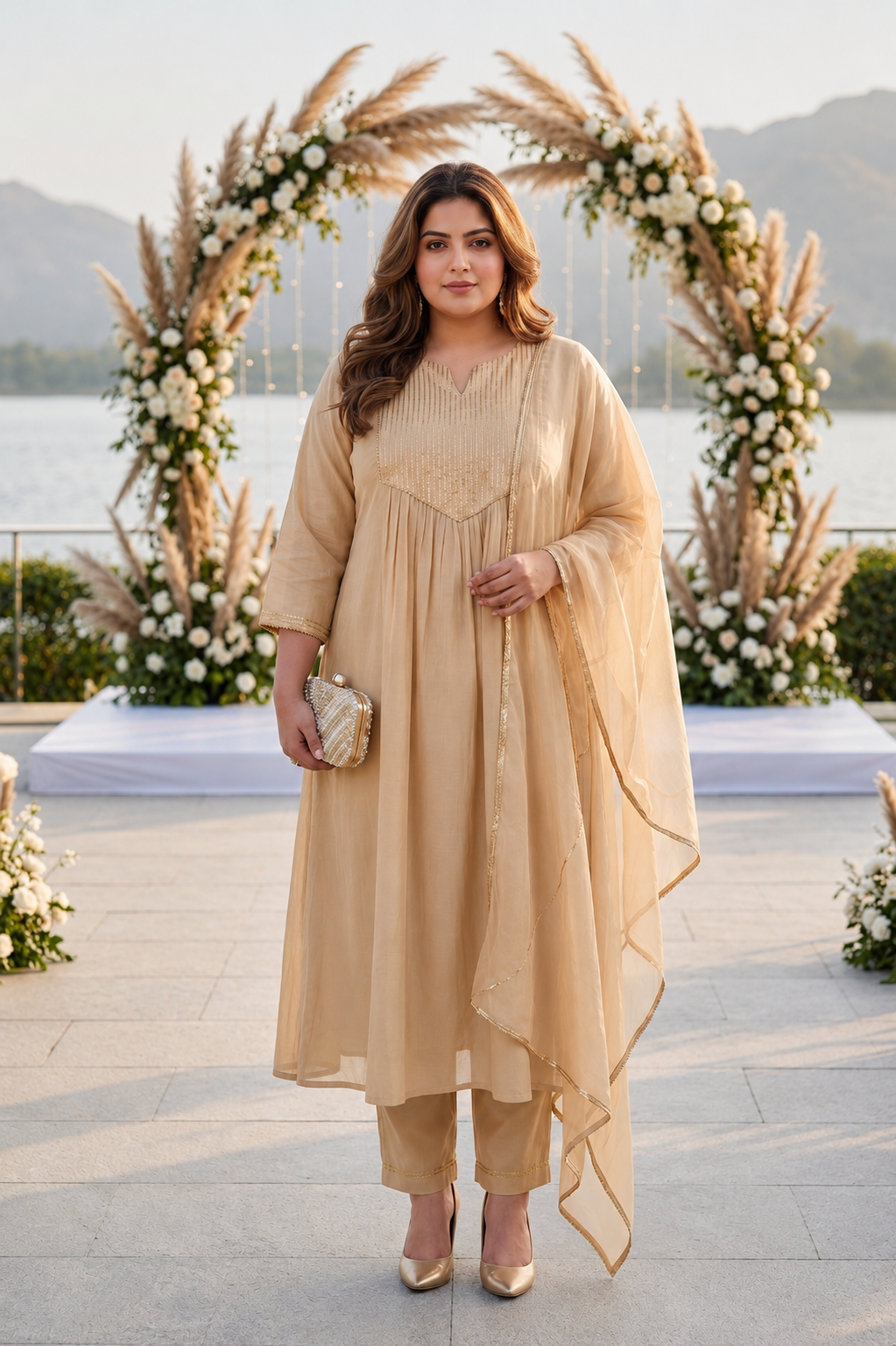 Golden Beige Cotton Cambric Kurta Pant Set with Chiffon Dupatta (Set Of 3)