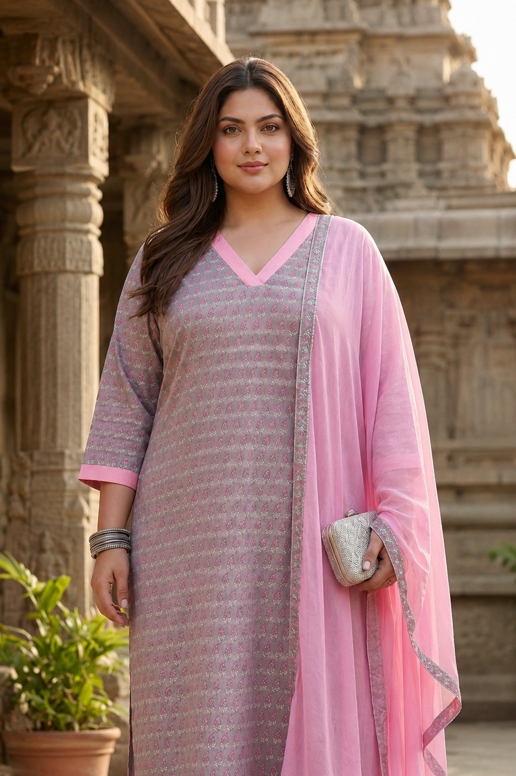 Grey & Pink Cotton Cambric Kurta Pant With Dupatta Set for Women( Set 0f 3)