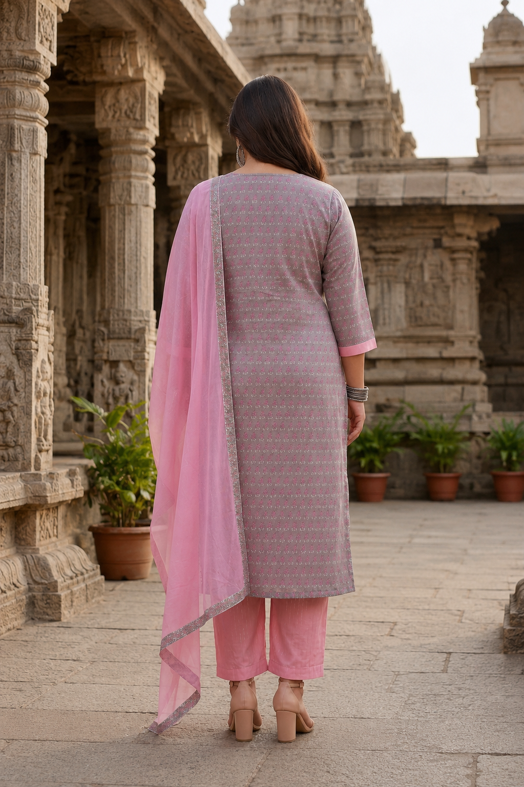 Grey & Pink Cotton Cambric Kurta Pant With Dupatta Set for Women( Set 0f 3)