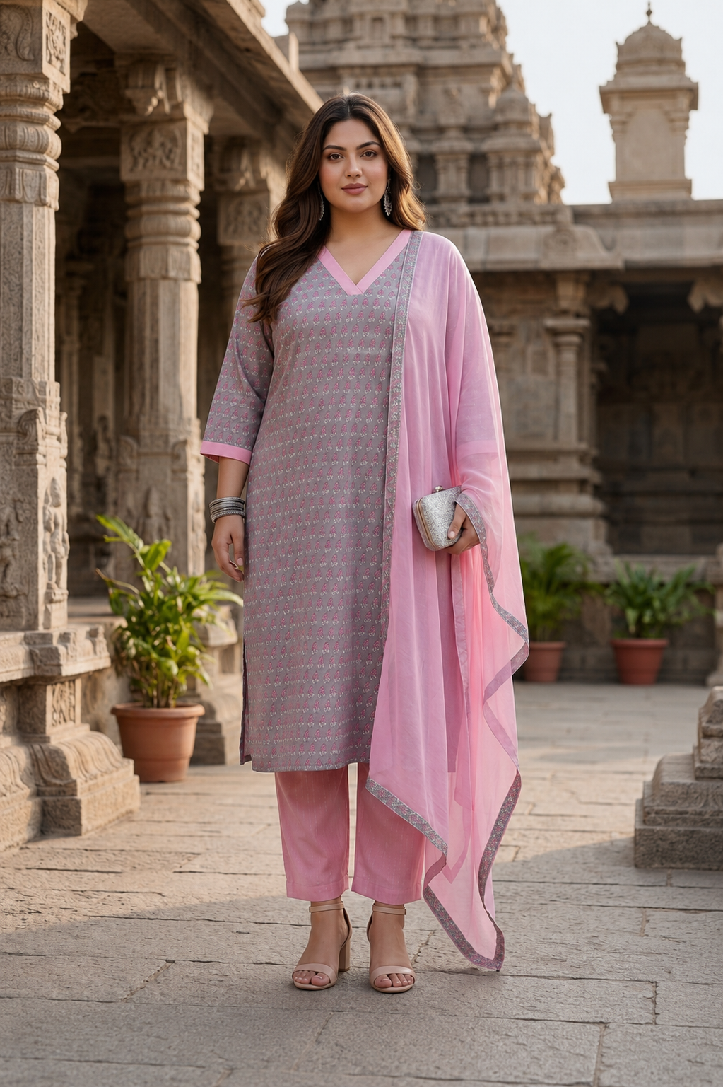 Grey & Pink Cotton Cambric Kurta Pant With Dupatta Set for Women( Set 0f 3)