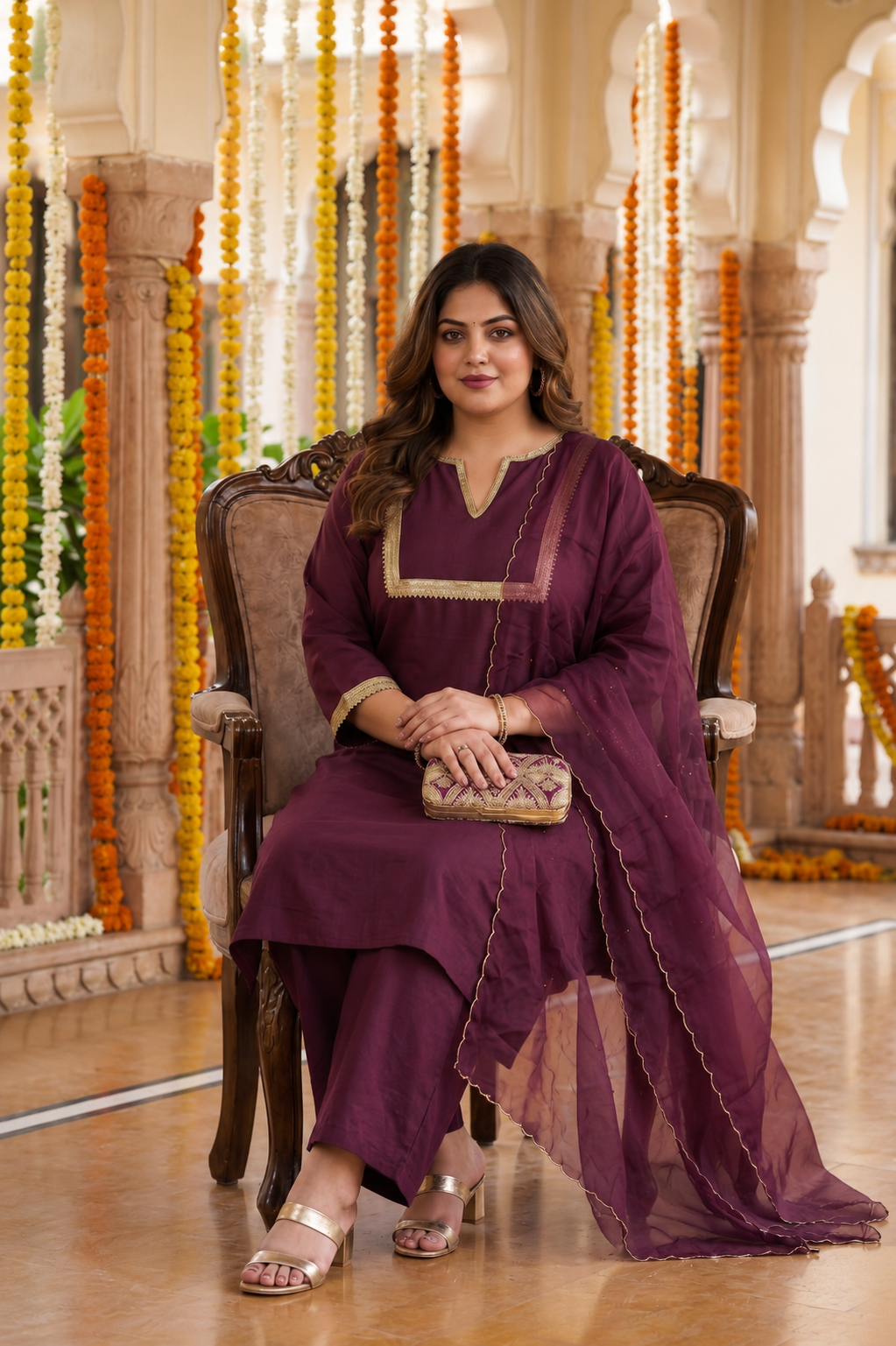 Wine Linen Kurta Pant Set with Dupatta (Set of 3)