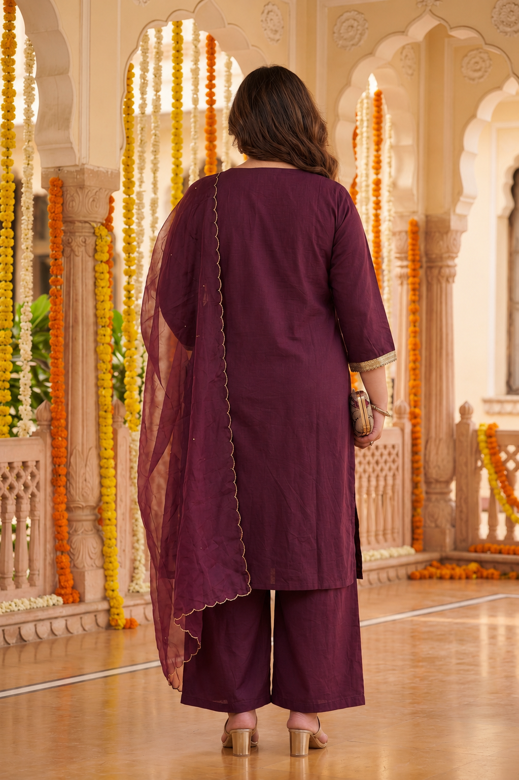 Wine Linen Kurta Pant Set with Dupatta (Set of 3)