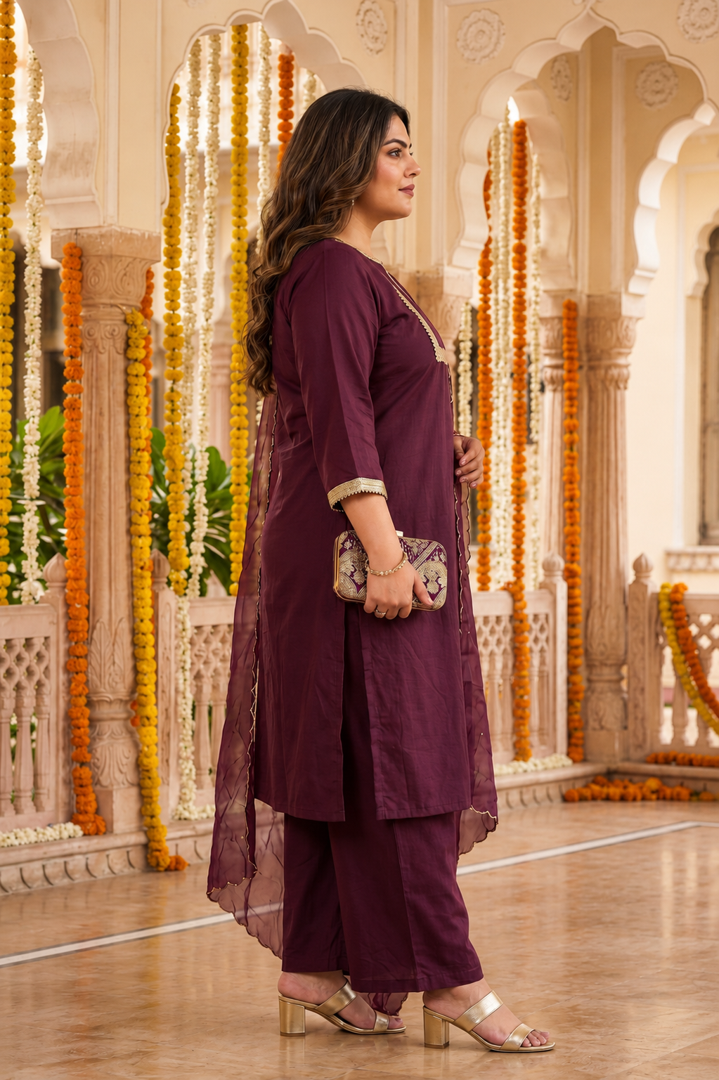 Wine Linen Kurta Pant Set with Dupatta (Set of 3)