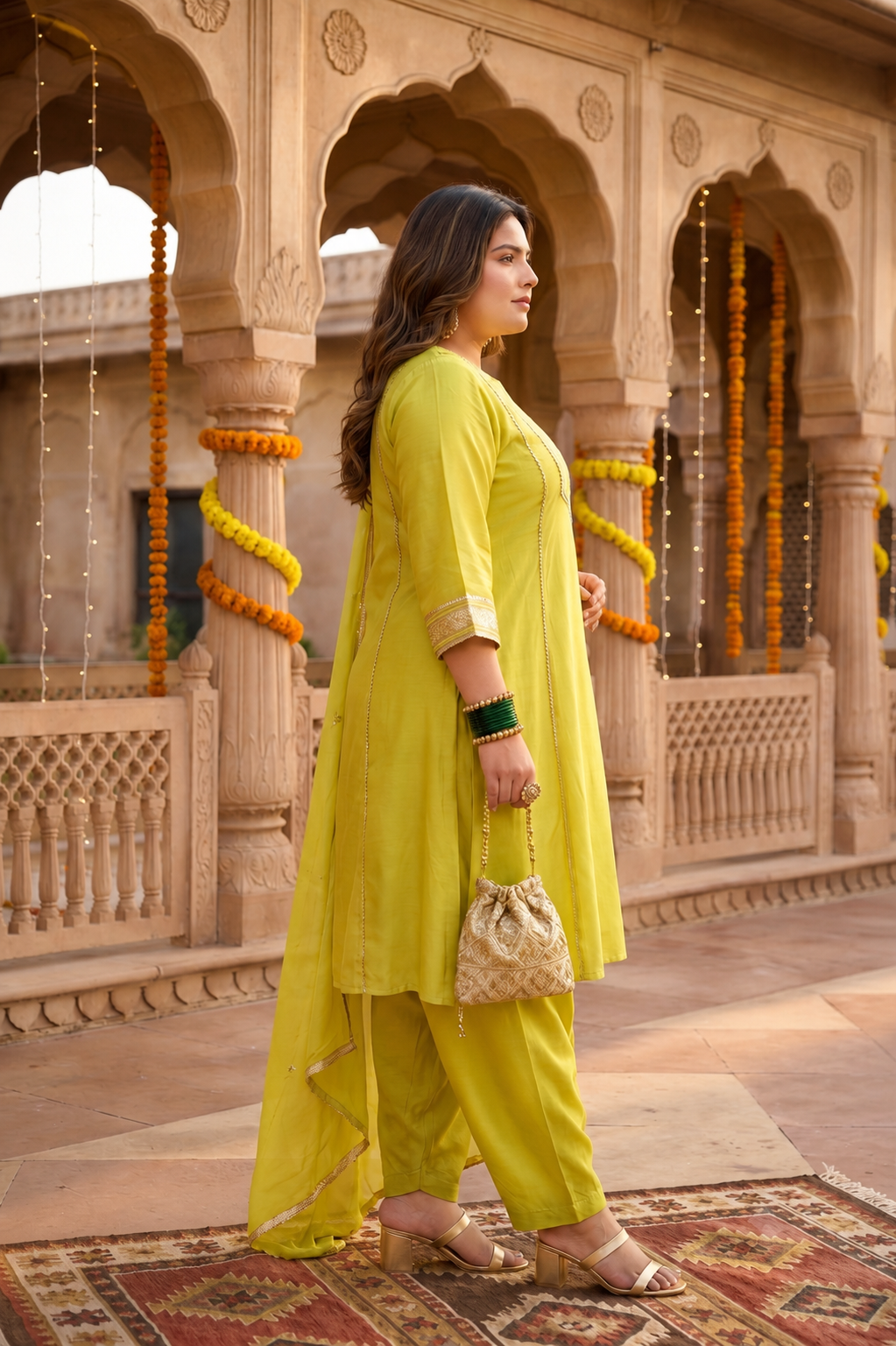 Mustard Green Muslin Kurta Suit Set With Farsi Salwar (Set of 3)