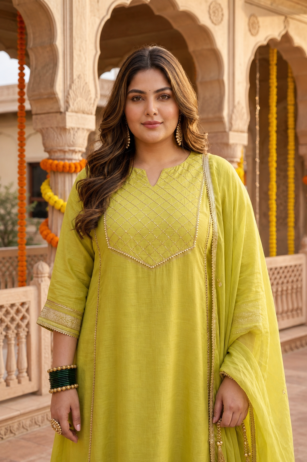 Mustard Green Muslin Kurta Suit Set With Farsi Salwar (Set of 3)