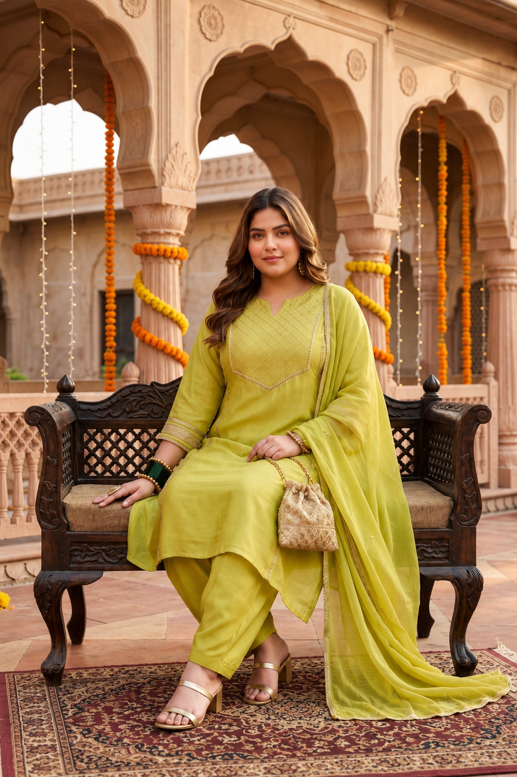 Mustard Green Muslin Kurta Suit Set With Farsi Salwar (Set of 3)
