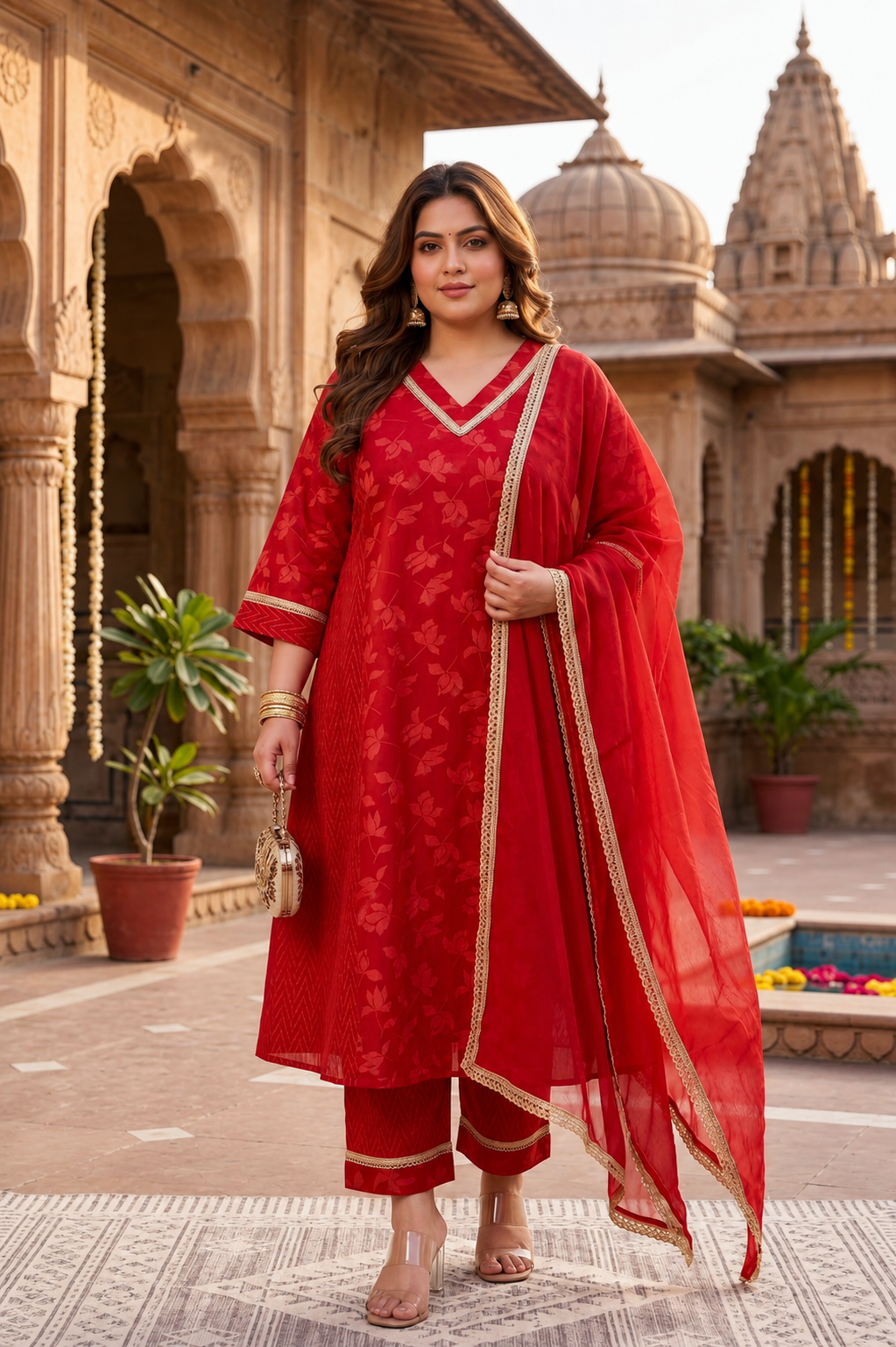 Radiant Red Cotton Cambric Festive Kurta Pant Set with Dupatta (Set Of 3)