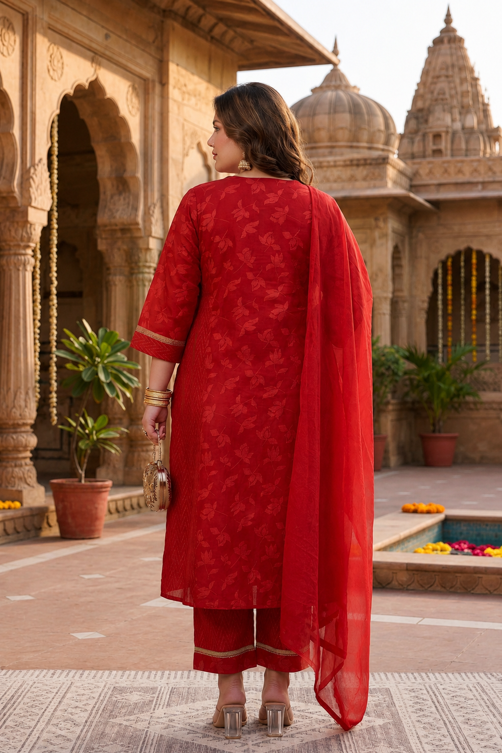 Radiant Red Cotton Cambric Festive Kurta Pant Set with Dupatta (Set Of 3)