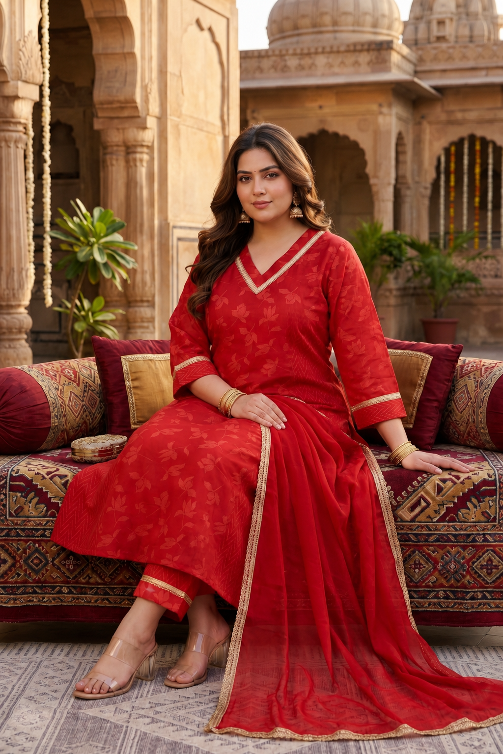 Radiant Red Cotton Cambric Festive Kurta Pant Set with Dupatta (Set Of 3)