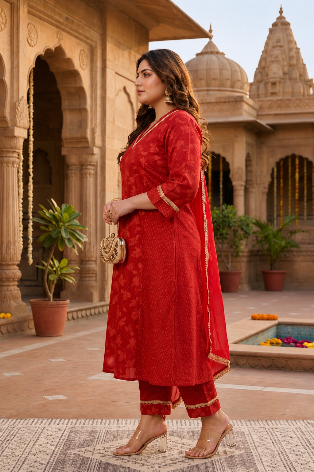 Radiant Red Cotton Cambric Festive Kurta Pant Set with Dupatta (Set Of 3)