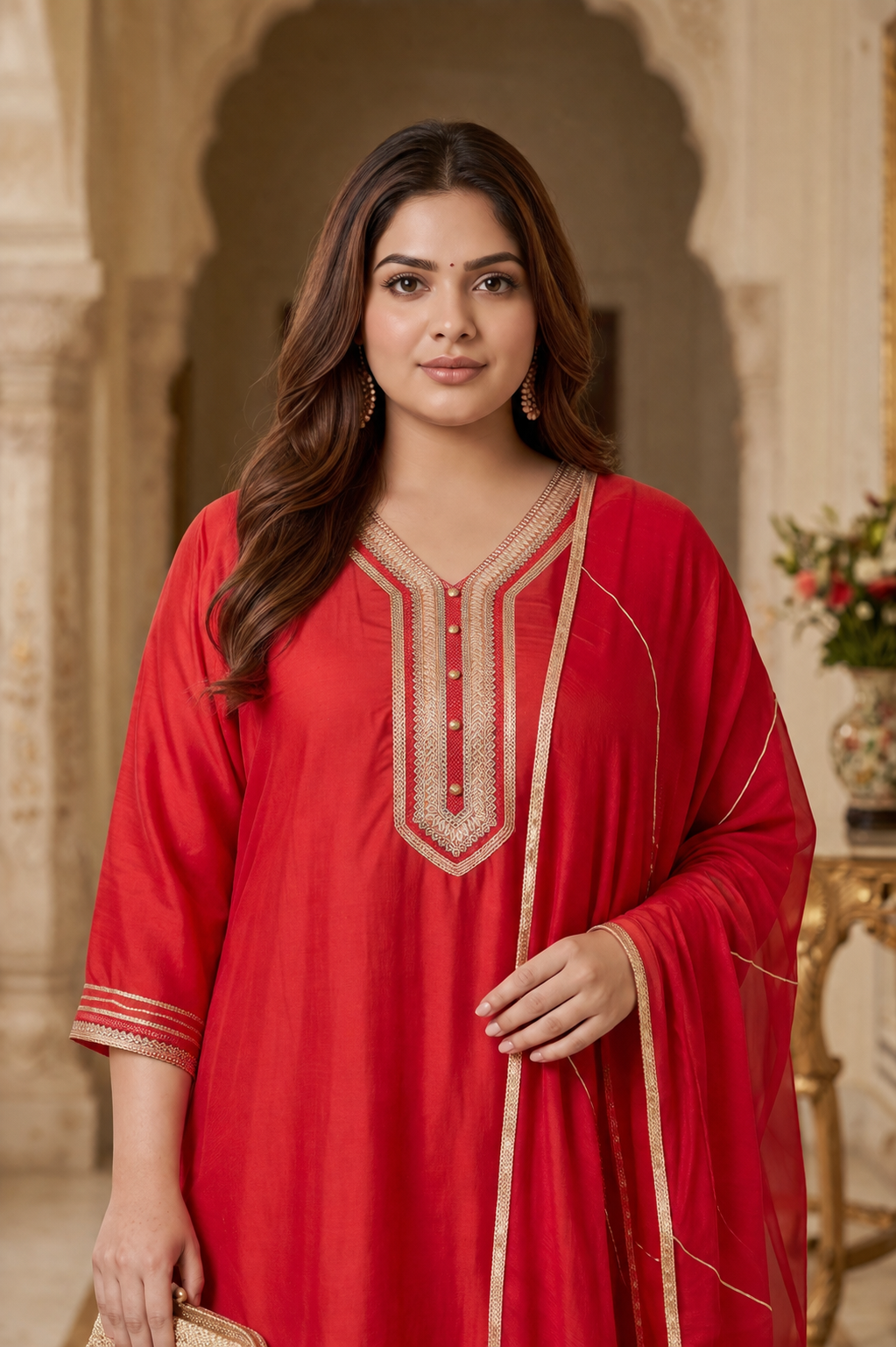 Crimson Red Cambric Cotton Kurta Pant Set with Dupatta(Set of 3)