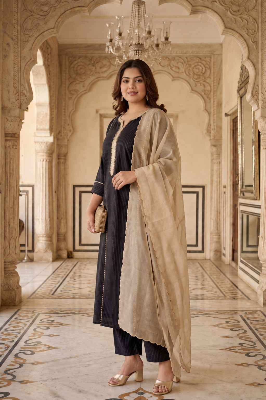 Black Gold Luxe Cotton Lurex Kurta Set (Set of 3)
