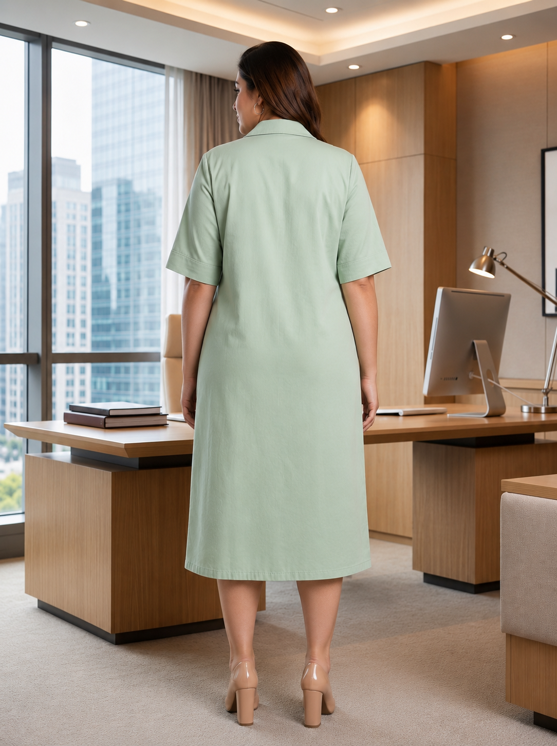Plus Size Sage Green Cotton Linen Shirt Dress- Office Wear Midi Dress for Women