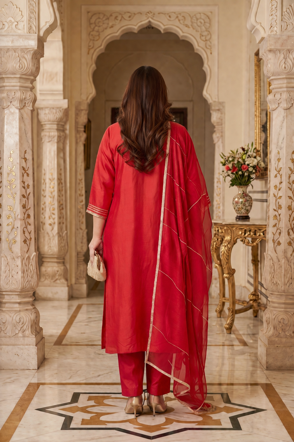Crimson Red Cambric Cotton Kurta Pant Set with Dupatta(Set of 3)