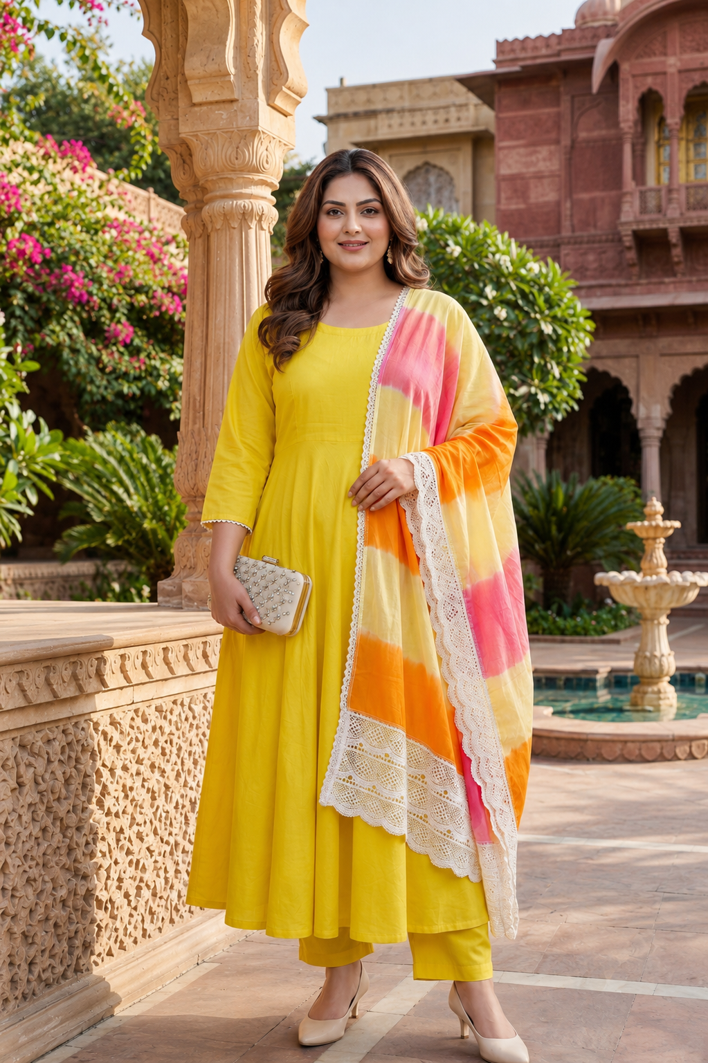 Yellow Mulmul Anarkali Suit Set - (Set of 3)
